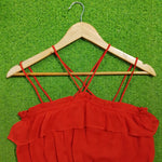 Red off-shoulder ruffle criss-cross strap peplum top - strap detail