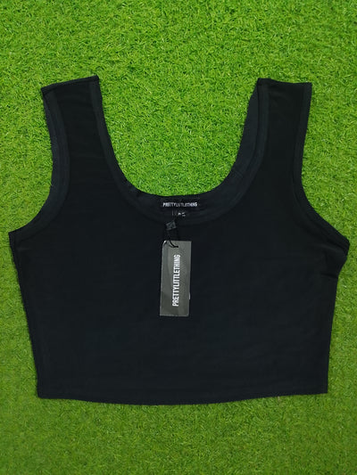Black sleeveless scoop neck crop top - label detail PrettyLittleThing UK 10