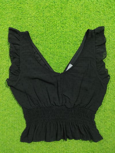 Black V-neck ruffle sleeve smocked waist crop top - front view - alternate view