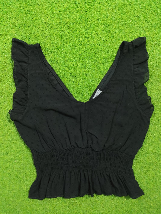 Black V-neck ruffle sleeve smocked waist crop top - front view - alternate view