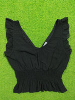 Black V-neck ruffle sleeve smocked waist crop top - detail view