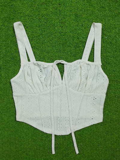 White eyelet broderie corset crop top - front flat lay view