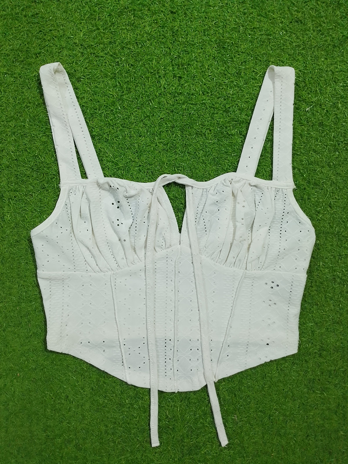 White eyelet broderie corset crop top - front flat lay view