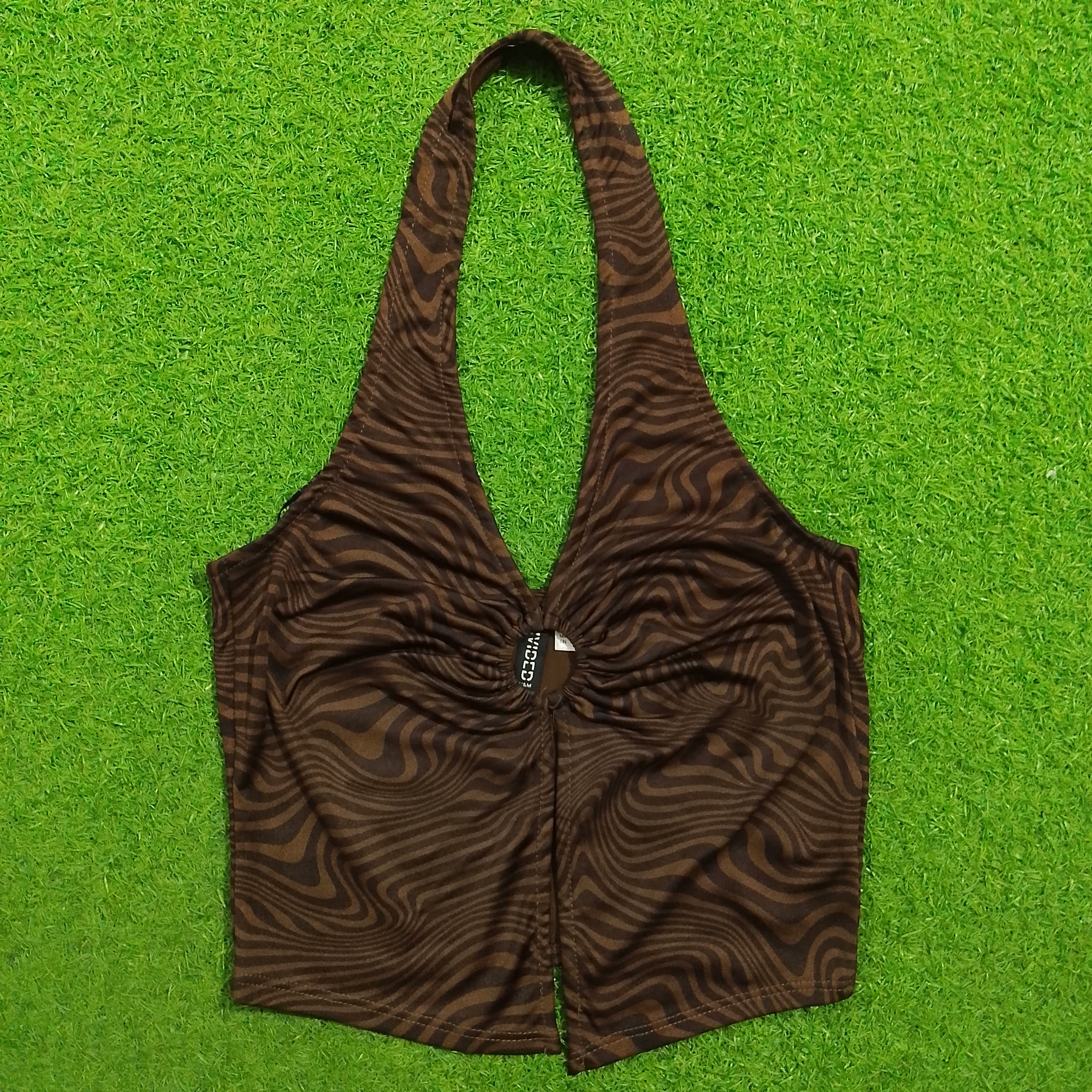 Brown zebra swirl halter neck ruched ring crop top - front view