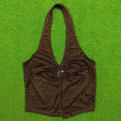 Brown zebra swirl halter neck ruched ring crop top - front view