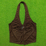 Brown zebra swirl halter neck ruched ring crop top - front view