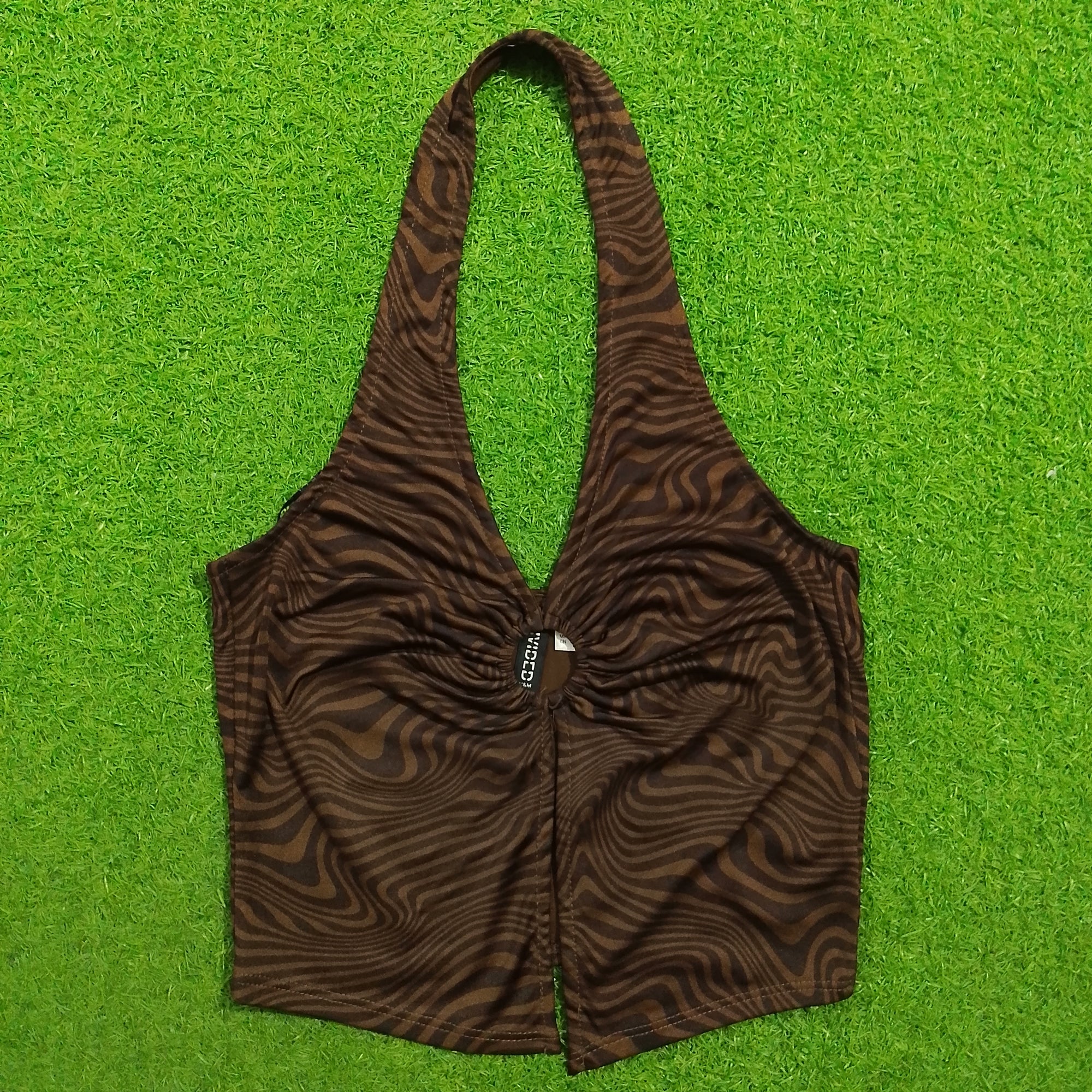 Brown zebra swirl halter neck ruched ring crop top - front view