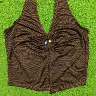 Brown zebra swirl halter neck ruched ring crop top - front detail close up - alternate view