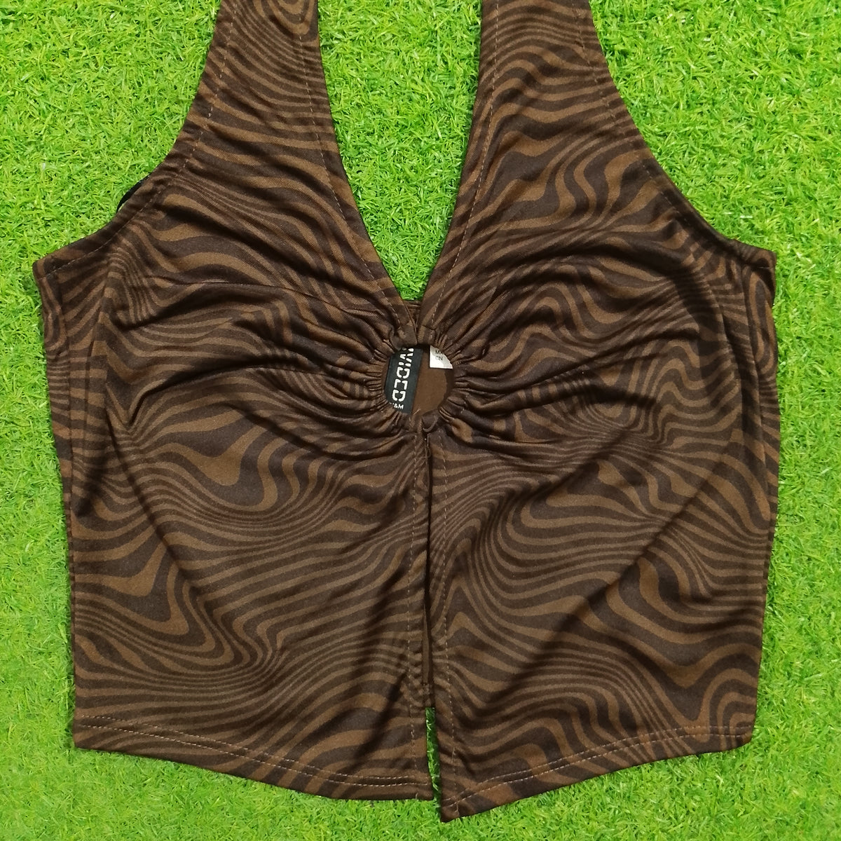 Brown zebra swirl halter neck ruched ring crop top - front detail close up