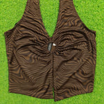 Brown zebra swirl halter neck ruched ring crop top - front detail close up