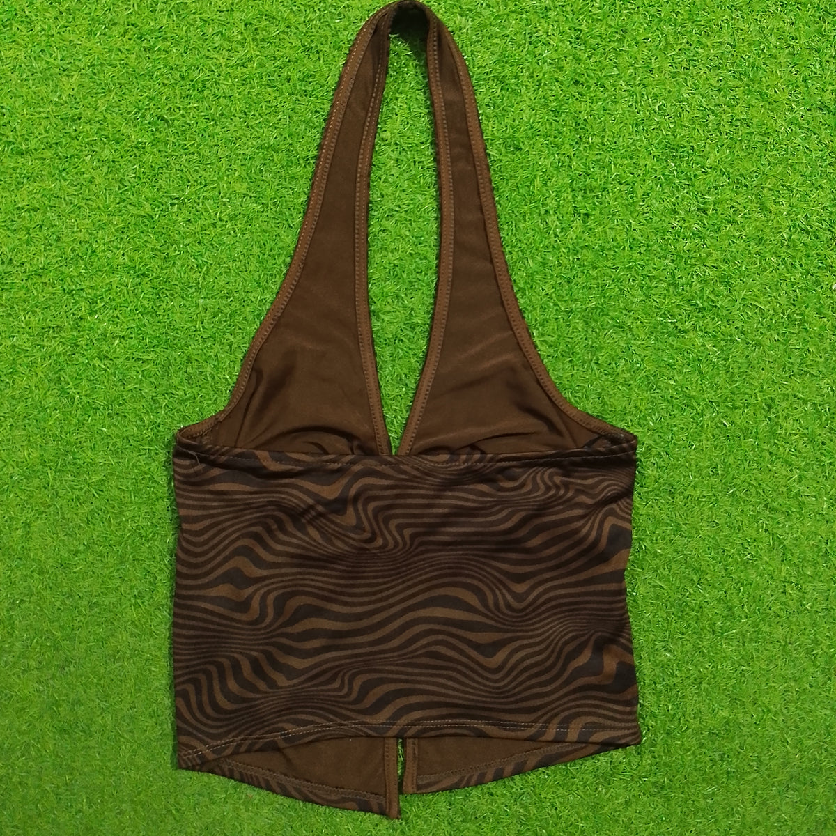 Brown zebra swirl halter neck ruched ring crop top - back view