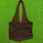 Brown zebra swirl halter neck ruched ring crop top - back view