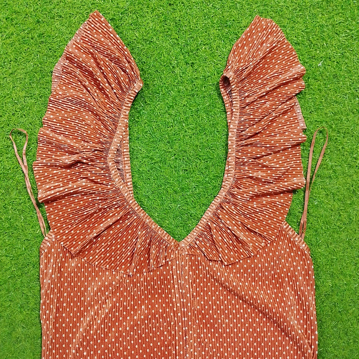 Rust Polka Dot Ruffle Flutter Sleeve Corset Crop Top