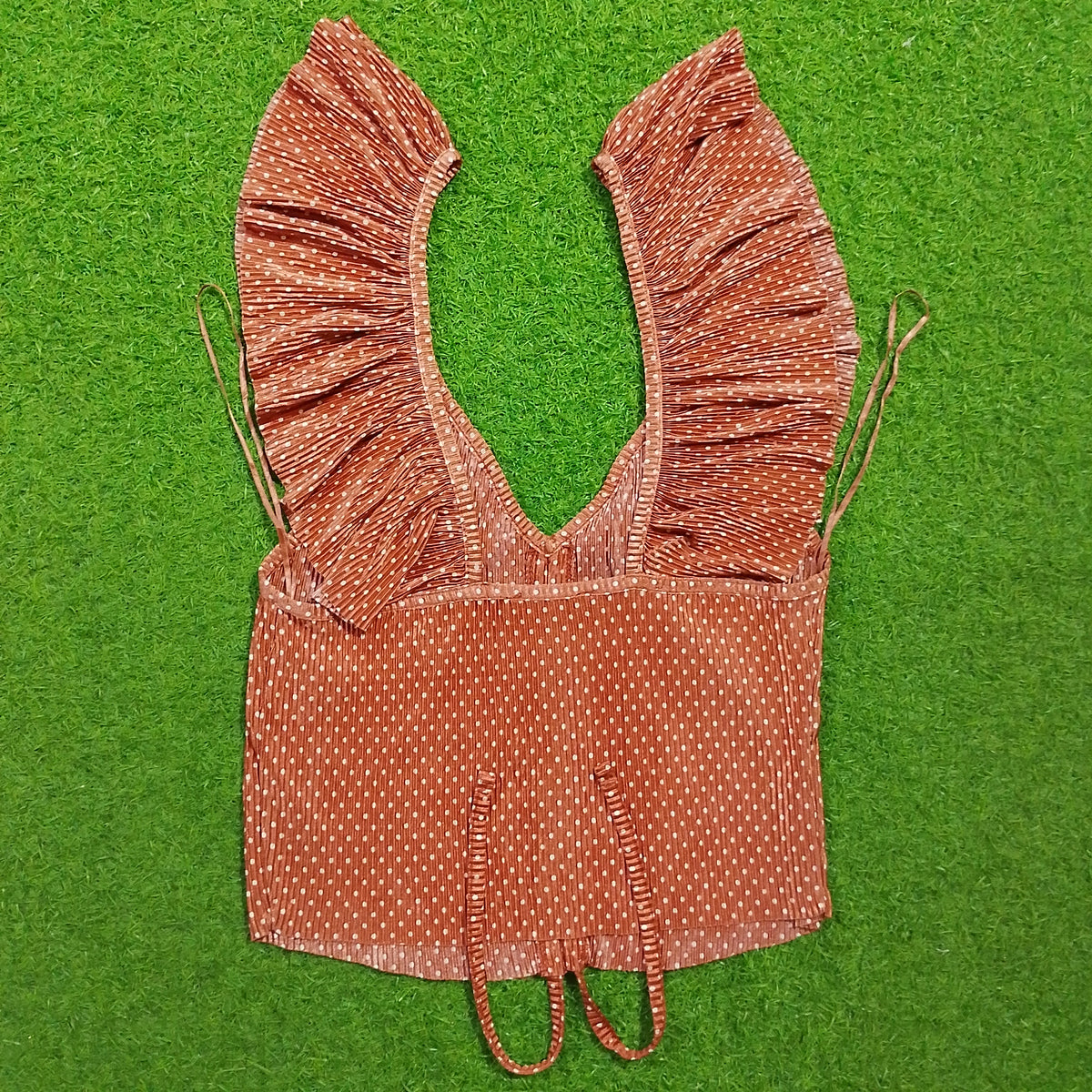 Rust polka dot ruffle flutter sleeve corset crop top - back view