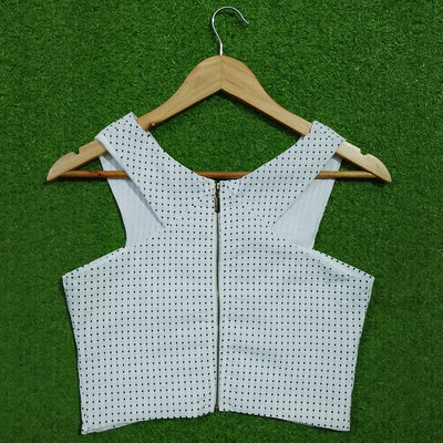 White polka dot V-neck zip front corset crop top - back view - alternate view