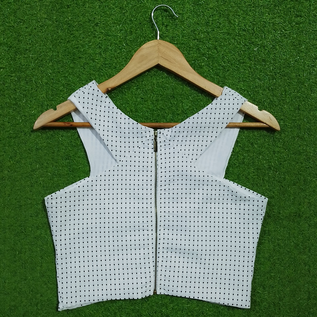 White polka dot V-neck zip front corset crop top - back view