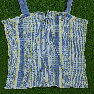 Blue striped smocked lace-up crop top - front flat lay detail - alternate view