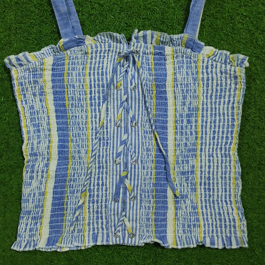 Blue striped smocked lace-up crop top - front flat lay detail - alternate view