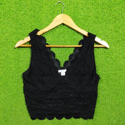 Black lace scallop V-neck sleeveless crop top - front view on hanger - alternate view