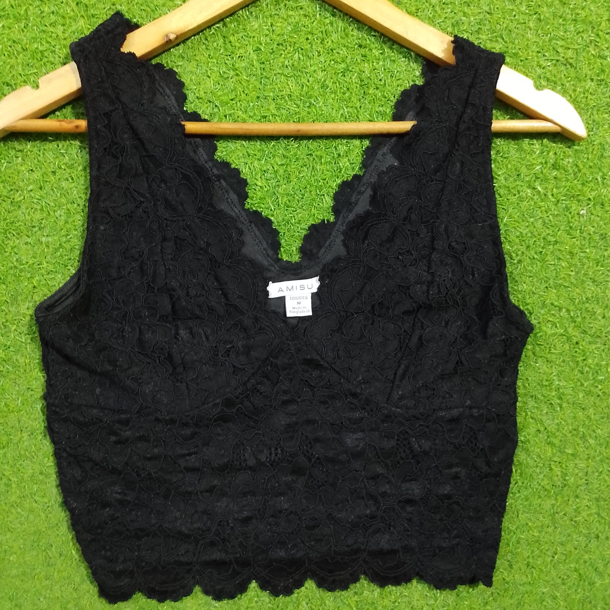 Black lace scallop V-neck sleeveless crop top - front flat lay