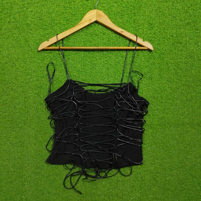 Black string loop detail spaghetti strap crop top - front view on hanger - alternate view