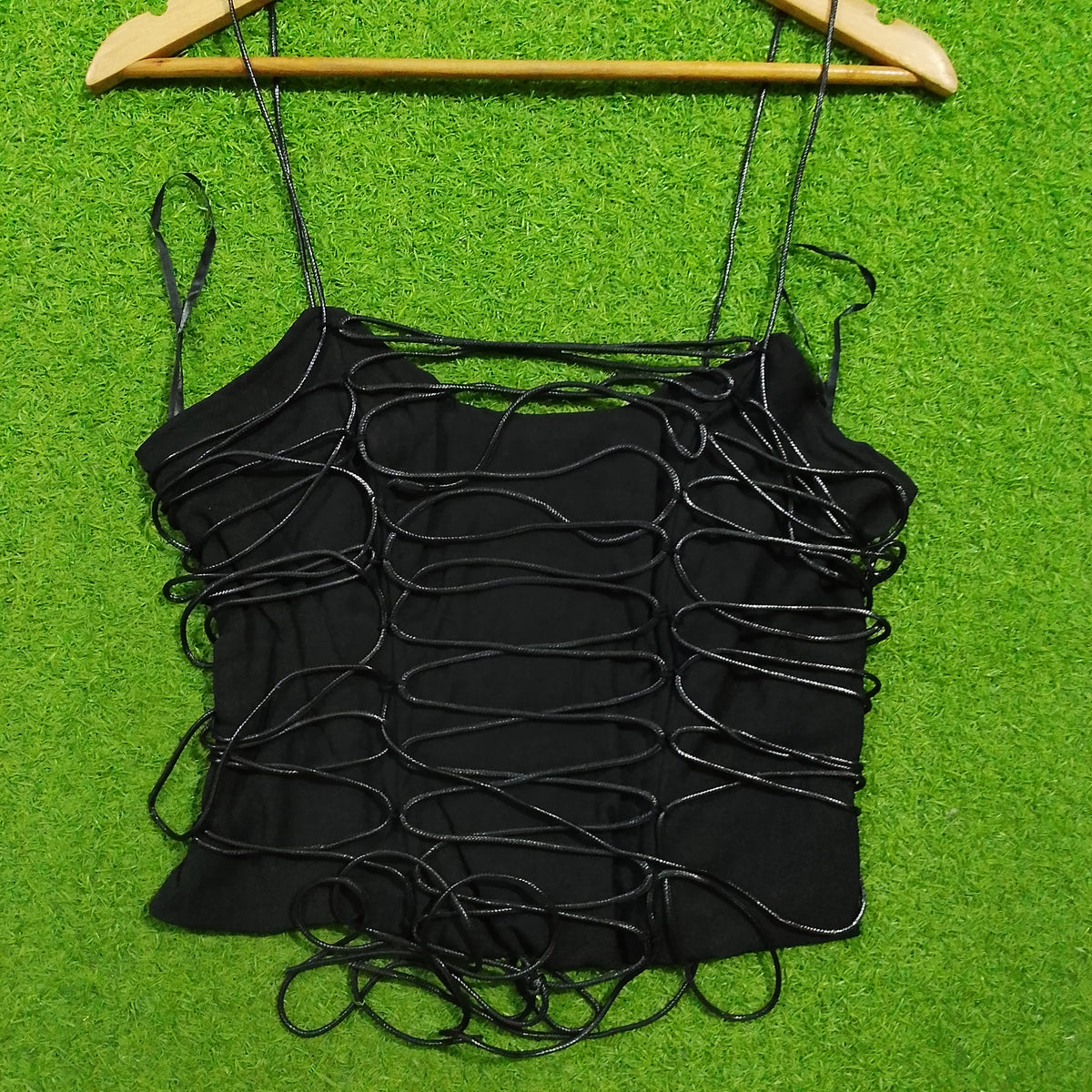 Black string loop detail spaghetti strap crop top - front detail view