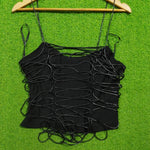 Black string loop detail spaghetti strap crop top - front detail view