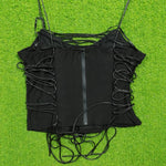 Black string loop detail spaghetti strap crop top - back zip view