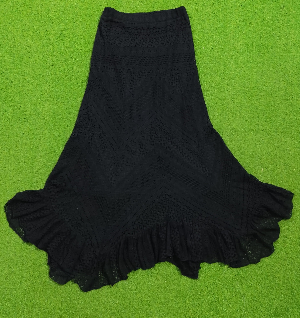 Black lace crochet maxi skirt with ruffle hem - full front view