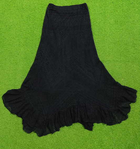 Black lace crochet maxi skirt with ruffle hem - full front view - alternate view