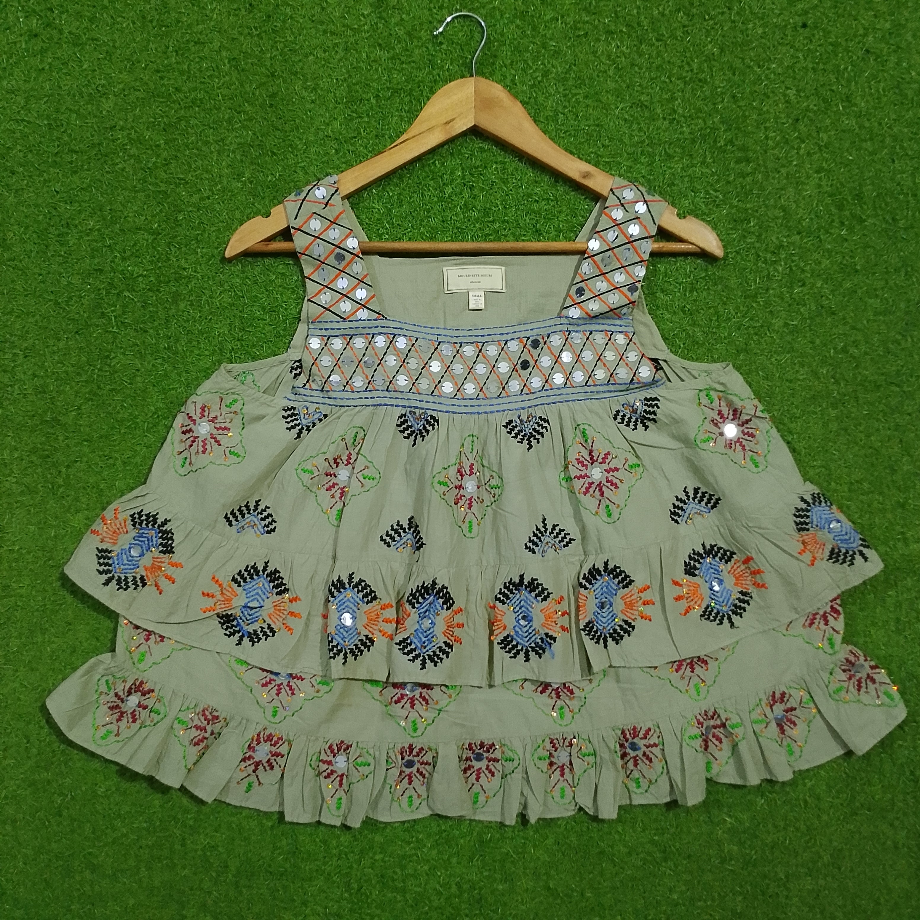 Sage green embroidered mirror work tiered crop top - full front view