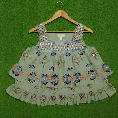 Sage green embroidered mirror work tiered crop top - full front view