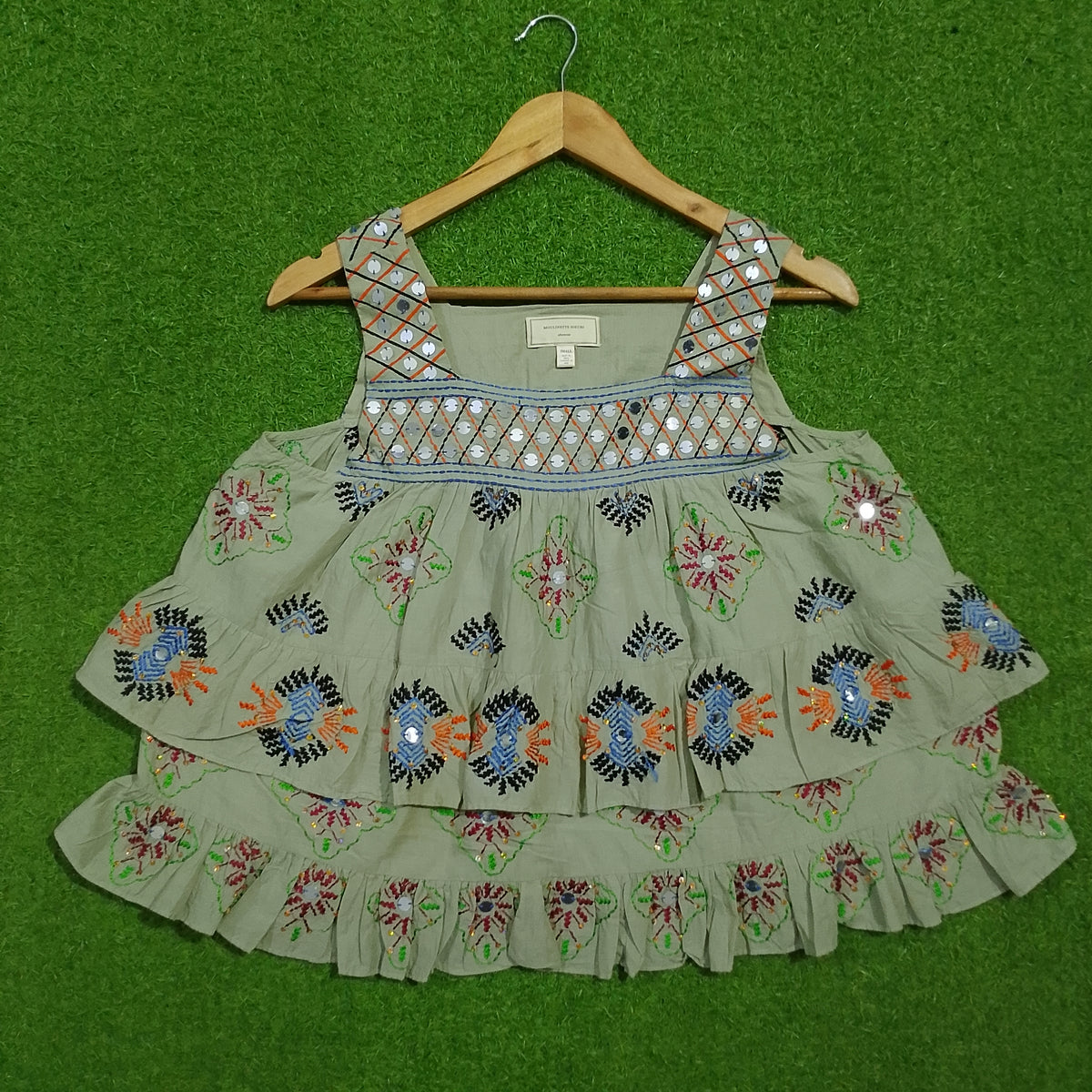 Sage green embroidered mirror work tiered crop top - full front view