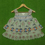 Sage green embroidered mirror work tiered crop top - full front view