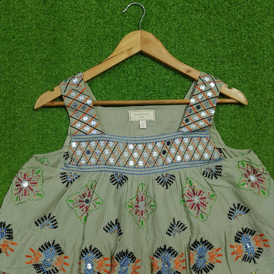 Sage green embroidered mirror work tiered crop top - bust and strap detail - alternate view