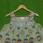 Sage green embroidered mirror work tiered crop top - bust and strap detail