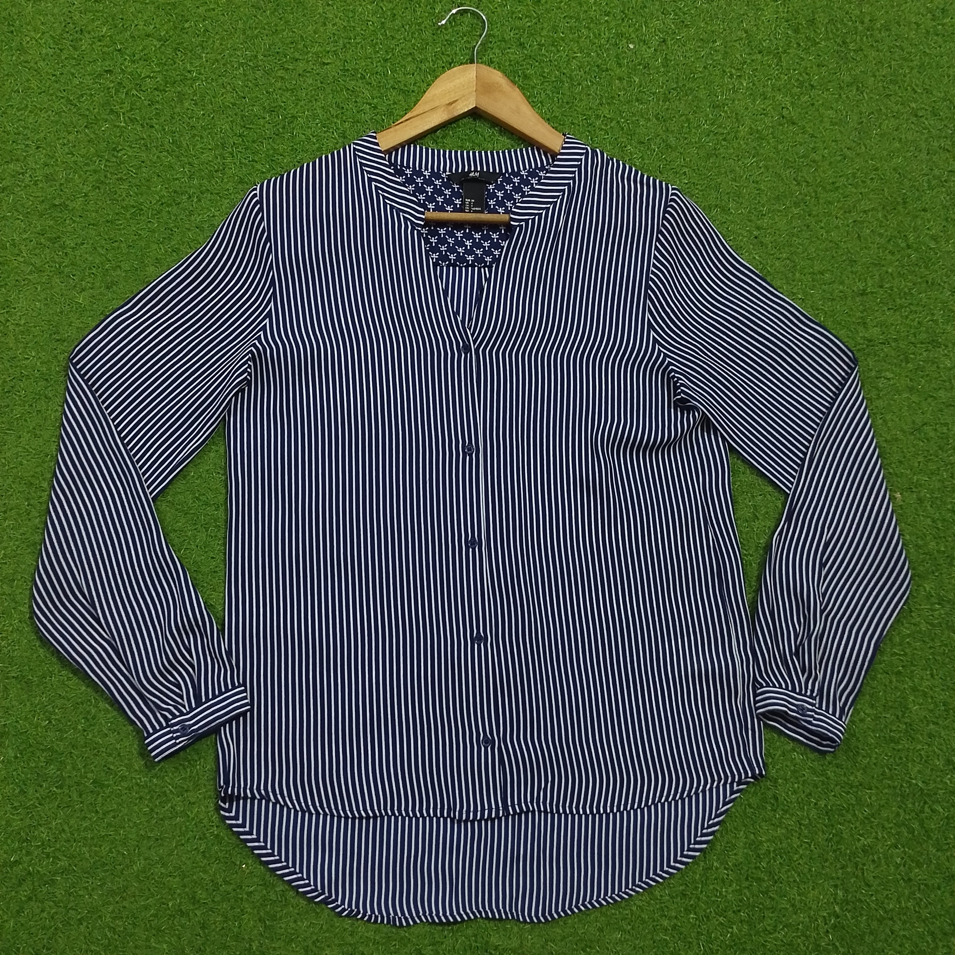 Navy blue and white striped full sleeve V-neck chiffon shirt - front view