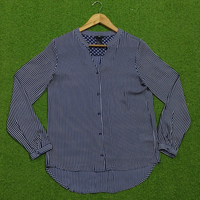Navy blue and white striped full sleeve V-neck chiffon shirt - front view