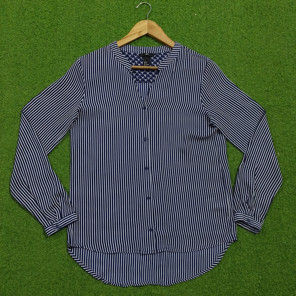 Navy blue and white striped full sleeve V-neck chiffon shirt - front view