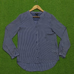 Navy blue and white striped full sleeve V-neck chiffon shirt - front view