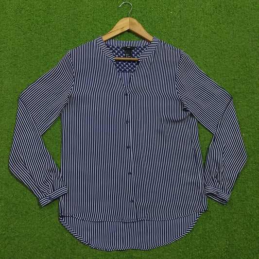 Navy blue and white striped full sleeve V-neck chiffon shirt - front view