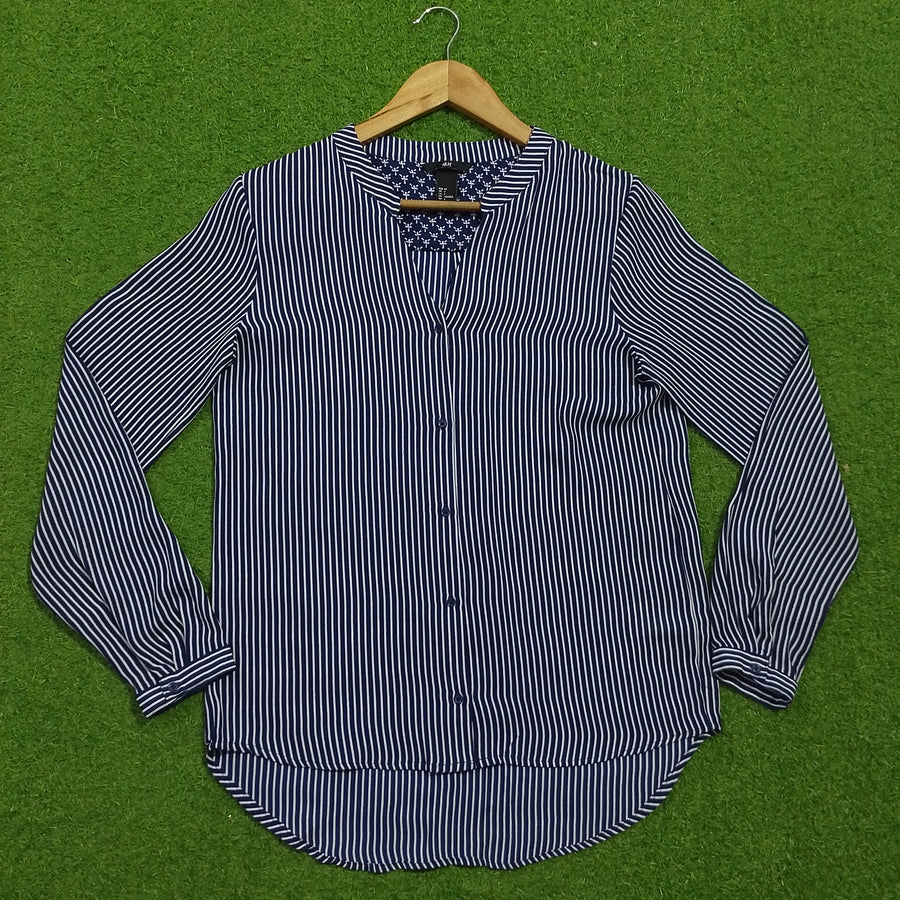 Navy blue and white striped full sleeve V-neck chiffon shirt - front view