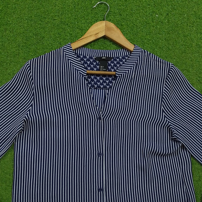 Navy blue and white striped full sleeve V-neck chiffon shirt - collar detail - alternate view