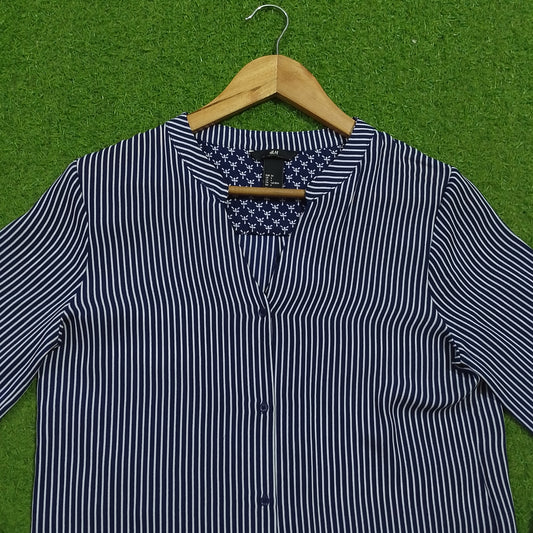 Navy blue and white striped full sleeve V-neck chiffon shirt - collar detail - alternate view