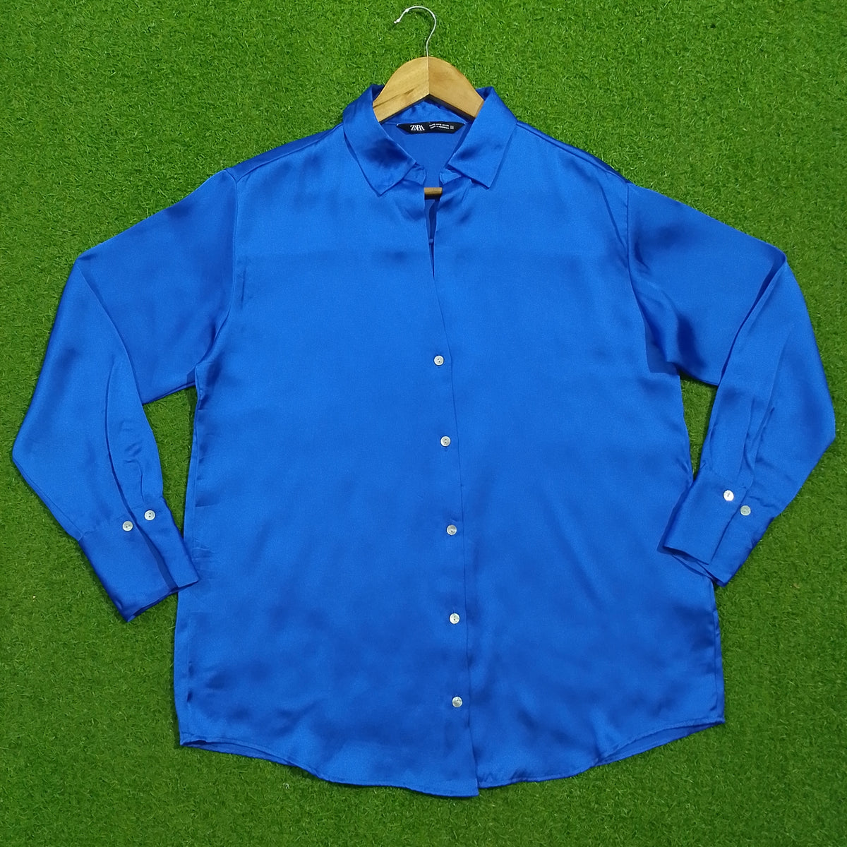 Royal Blue Satin Short Sleeve Button-Down Shirt - Full View