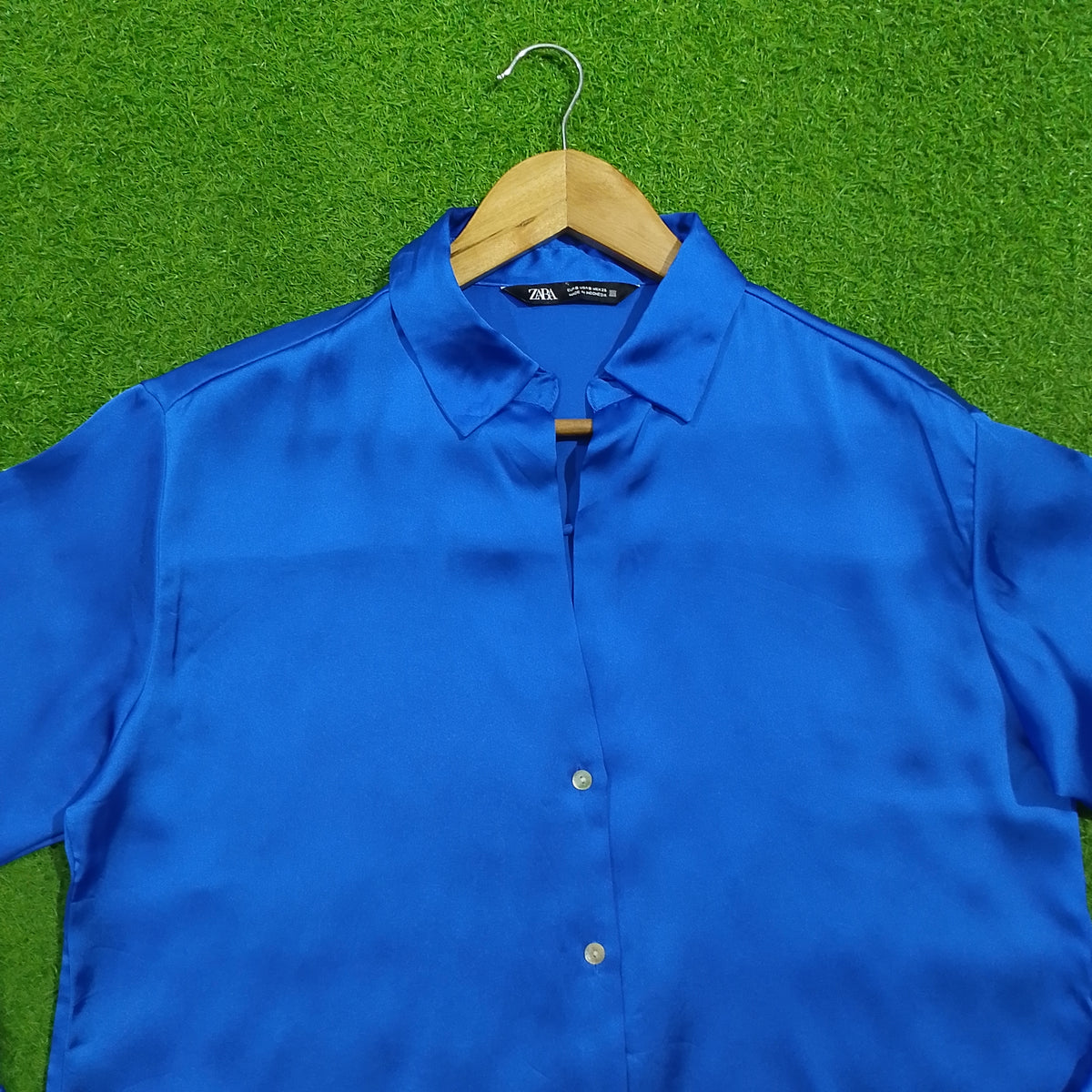 Royal Blue Satin Short Sleeve Button-Down Shirt - Front Detail