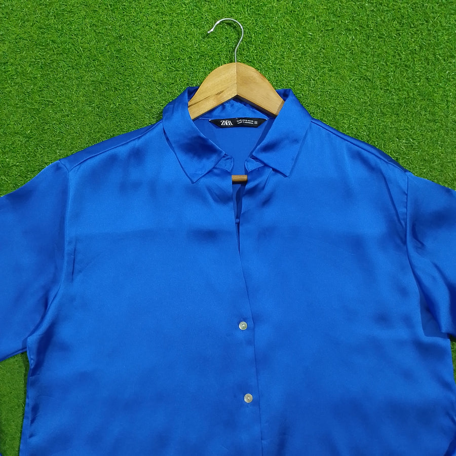 Royal Blue Satin Short Sleeve Button-Down Shirt - Front Detail