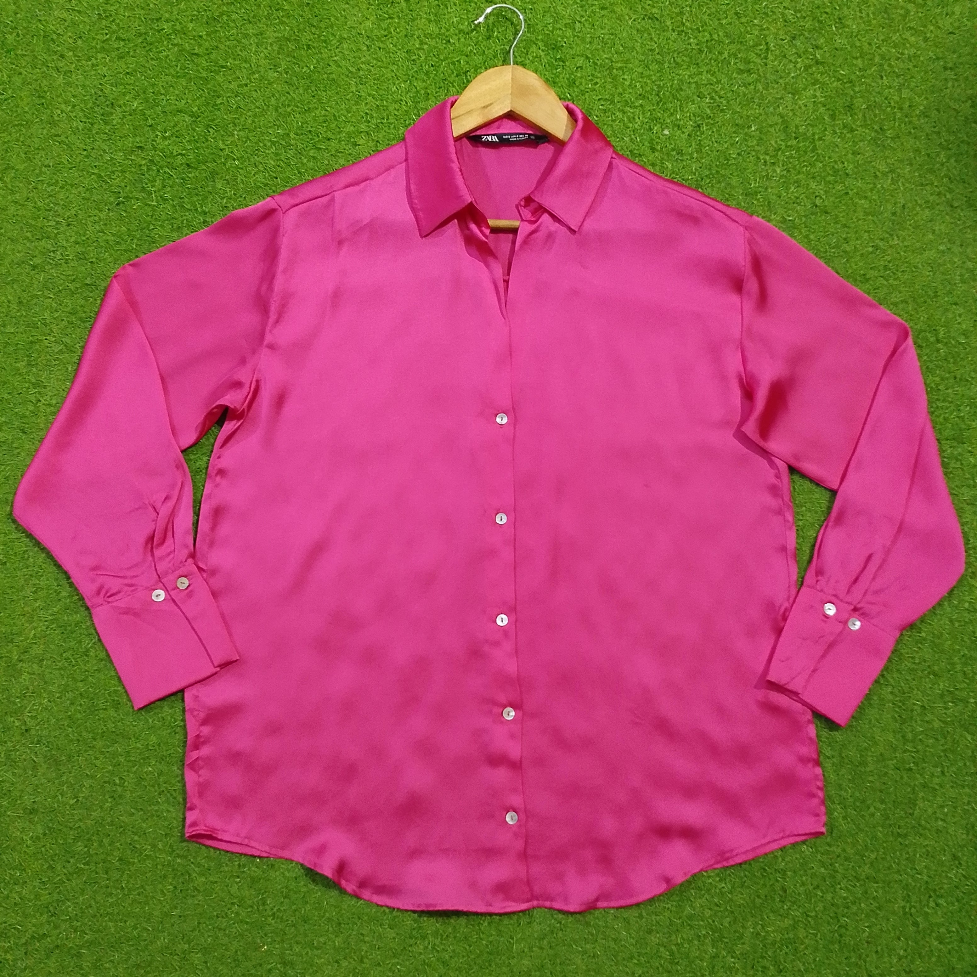 Hot pink full sleeve classic collar satin shirt - front view
