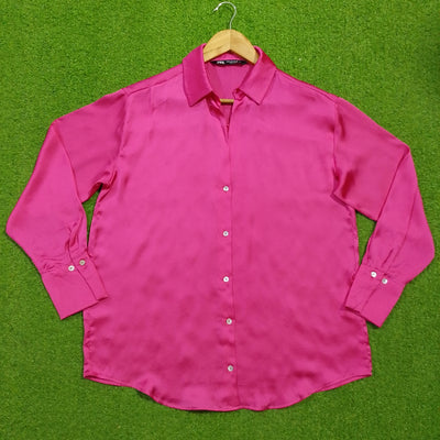 Hot pink full sleeve classic collar satin shirt - front view