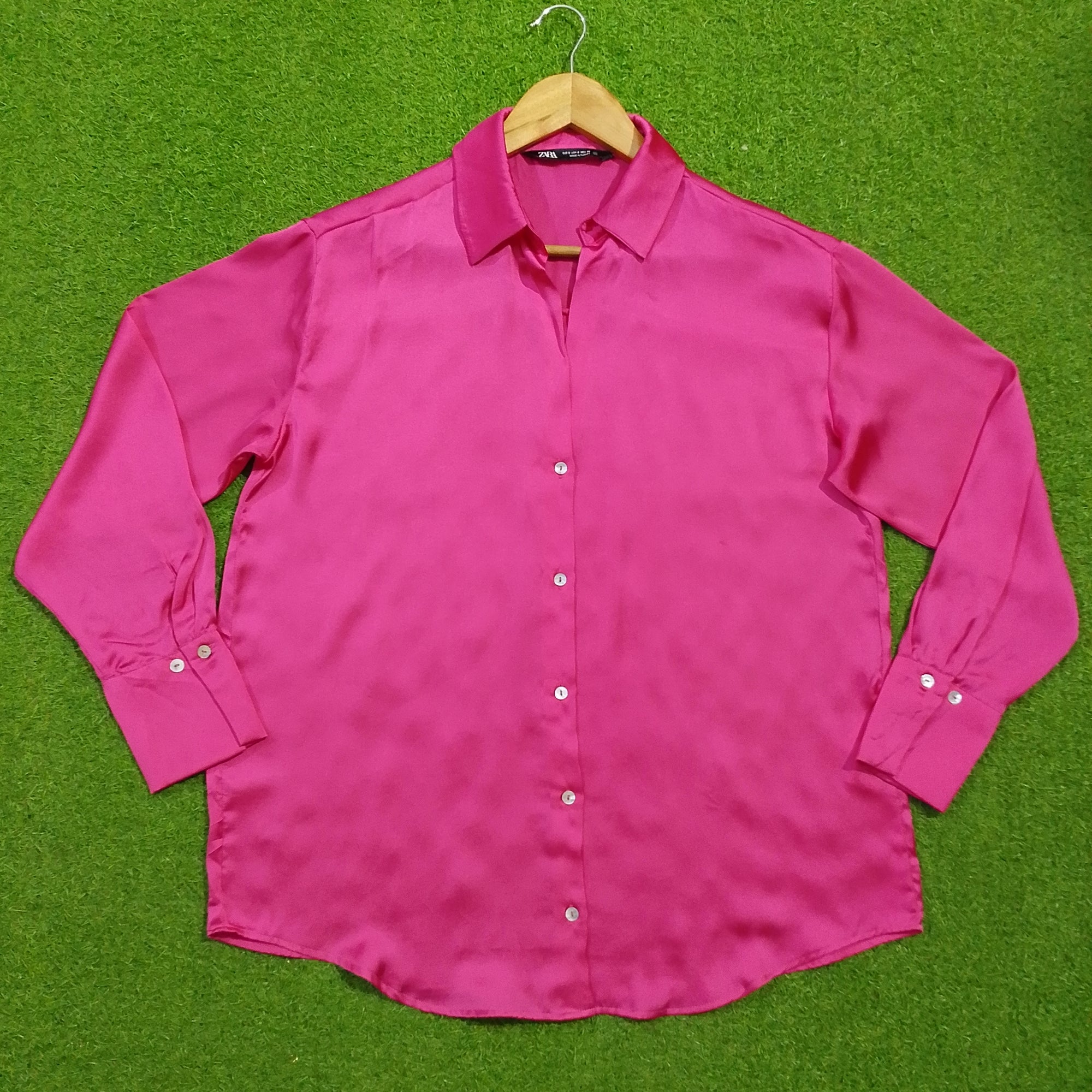 Hot pink full sleeve classic collar satin shirt - front view
